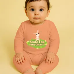 The Peppy Tend 100% Cotton Knit Full Sleeves Could I Be Any Cuter Text & Bunny Printed Romper - Peach-picture-28