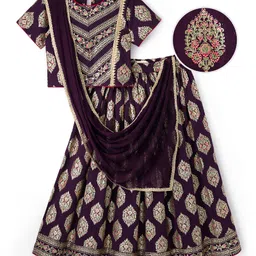 EARTHY TOUCH Single Jersey Knit Choli Lehenga & Dupatta Set With Floral Foil Print - Purple-picture-17