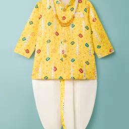 Dapper Dudes Full Sleeves Bandhani Printed Kurta Dhoti With Necklace Set - Yellow-image-45