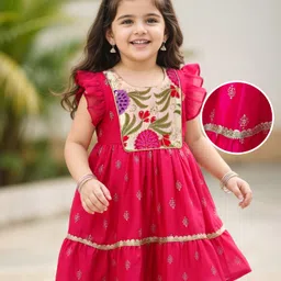 Babyhug Woven Frill Sleeves Ethnic Dress With Floral Embroidery & Sequin Detailing - Fuchsia-picture-24