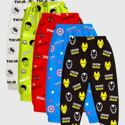 KUCHIPOO Cotton Blend Knit Marvel Avengers Featuring Pack Of 5 Characters Printed Pajamas - Red Green White Blue & Black-image-76