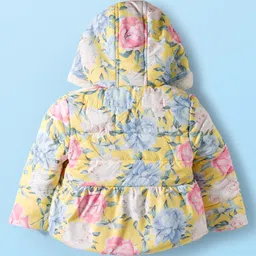 Babyhug Woven Full Sleeves Hoodie with Floral Print & Bow Applique - Pink & Yellow image 2