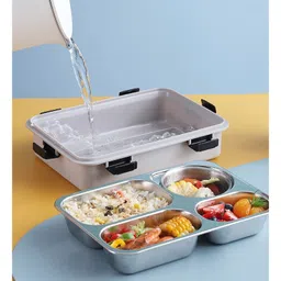 YAMAMA 4 Grid Insulated Stainless Steel Lunch Box With Separate Bowl With Lid (Colour May Vary) image 4