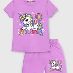 Trampoline Pack Of 2 Cotton Blend Half Sleeves Unicorn & Bunny Printed Tees With Shorts Set - Purple & Blue image 5