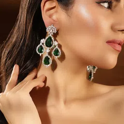Priyaasi Silver-Plated American Diamond-Stone Studded Teardrop Shaped Drop Earrings image 5
