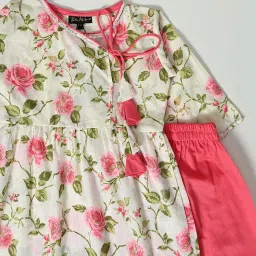 Bella Moda Kids Pink & Cream Cotton Printed Kurti & Pyjamas image 4