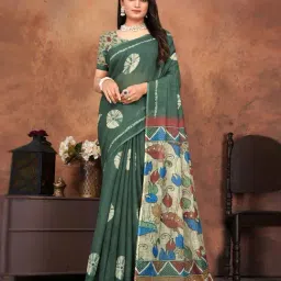 Anjaneya Sarees Green Woven Linen Silk Printed Designer Printed Saree With Unstitched Blouse-picture-28