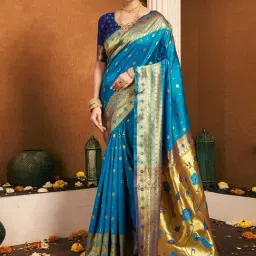 Satrani Blue Silk Woven Saree With Unstitched Blouse-picture-23