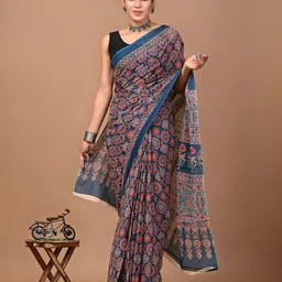 PALLO LATKE Ethnic Motifs Pure Cotton Block Print Saree With Blouse Piece-image-9