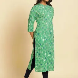 W Green Cotton Printed Straight Kurta image 4