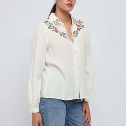 Cover Story White Regular Fit Embroidered Shirt image 4