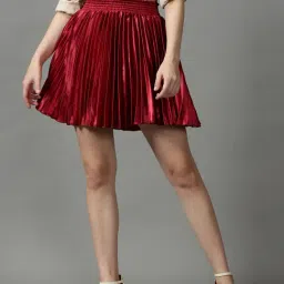 SHOWOFF Women's Solid Maroon Mini Flared Skirt-image-7