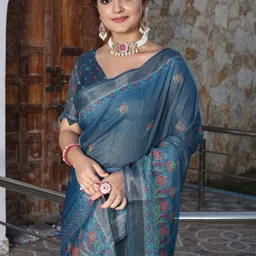 Mitera Floral Printed Zari Cotton Tissue Shimmer Saree With Unstitched Blouse Piece image 3