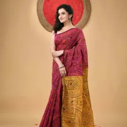 Desh Bidesh Pink & Yellow Printed Saree With Unstitched Blouse image 3