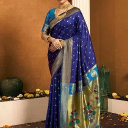 Satrani Navy Blue Silk Self Design Saree With Unstitched Blouse-picture-17