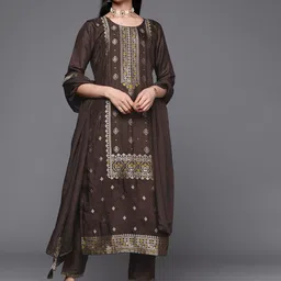 Libas Women Coffee Brown & Gold Ethnic Zari Woven Design Straight Kurta Trousers Dupatta image 2
