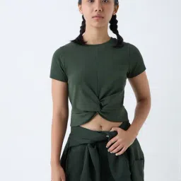 studiofit women Studiofit by Westside Olive Knot-Detailed Cotton-Blend T-Shirt-picture-20