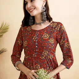 Anouk Women Floral Printed Flared Sleeves Thread Work Liva Anarkali Kurta image 2