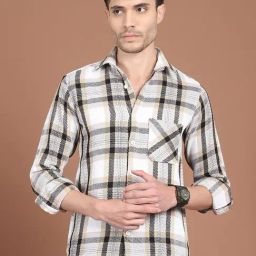 Indian Needle Cream Cotton Regular Fit Checks Shirt-picture-5