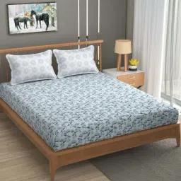Florida BS-Daisy Sky Blue Cotton 180 TC King Fitted Bedsheet With 2 Pillow Covers-image-55