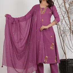 MF Hayat Floral Embroidered Straight Thread Work Pure Cotton Kurta With Trousers & Dupatta-picture-11
