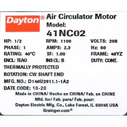Dayton 1/2 HP 208 V AC Single Phase Power Pedestal Fan Motor, 41NC02 image 3