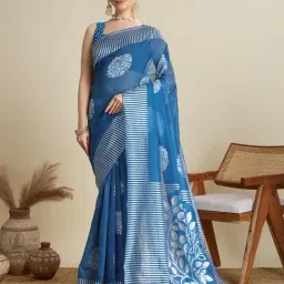 Anjaneya Sarees Blue Woven Cotton Silk Kanjivaram Printed Designer Saree With Unstitched Blouse-picture-19