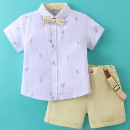 ToffyHouse Cotton Woven Pre Printed Fabric Half Sleeves Shirt with Shorts & Quirky Suspenders - Lemon Yellow & Blue-picture-25