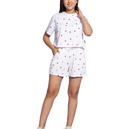 Lil Tomatoes Half Sleeves Mushroom Printed Cotton Jersey Knit Night Suit  -  White-image-60