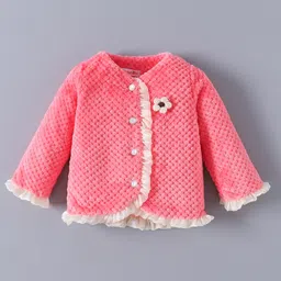 Kookie Kids Full Sleeves Winter Jacket With Floral Applique & Frill Detailing - Pink-picture-35