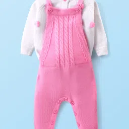 Babyhug Knit Full Sleeves Winter Wear T-Shirt & Dungaree Set with Pom Pom & Cable Knit Detailing - Pink & White-picture-29