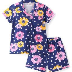 Honeyhap 100% Cotton Knit Half Sleeves Shorts Set with Floral Print - Navy Blue-picture-20