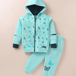 Little Darlings Fleece Knit Full Sleeves Front OpenHooded Winter Night Suit With Butterflies Print - Turquoise-image-22