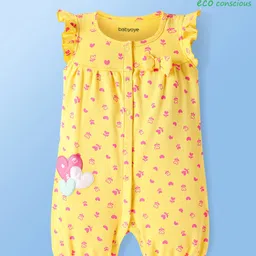 Babyoye Eco Conscious 100% Cotton Knit With Eco Jiva Finish Frill Sleeves Romper With Floral & Heart Print - Yellow-picture-17