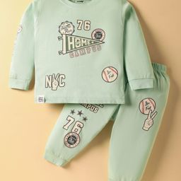 CUCUMBER Sinker Knit Full Sleeves T-Shirt & Joggers Set With Home Campus Text Print - Light Green-picture-17