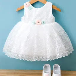Bluebell Net Woven Sleeveless Party Dress With Floral Applique & Booties - White-picture-36