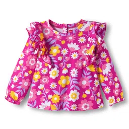 Babyhug 100% Cotton Knit Full Sleeves Top with Floral Print & Frill Detailing - Pink-picture-12