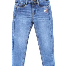 Under Fourteen Only Cotton Denim Never Give Up Text Embroidered & Mild Washed Jeans - Blue-image-94