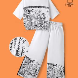 OLLINGTON ST. Cotton Half Sleeves Printed Top & Pant Set - White-picture-34