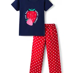 Pine Kids Single Jersey Knit Half Sleeves Night Suit With Polka Dot Print - Navy Blue & Red-picture-25