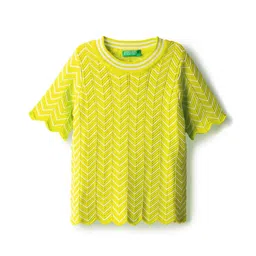 UCB Cotton Woven Half Sleeves Top With Chevron Texture Design - Green-picture-12