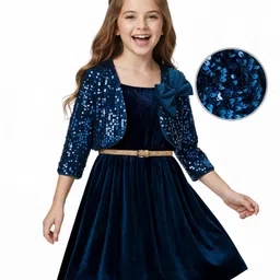 Hola Bonita Knit Three Fourth Sleeves Dress With Sequin Detailing Jacket & Belt - Navy Blue-picture-13