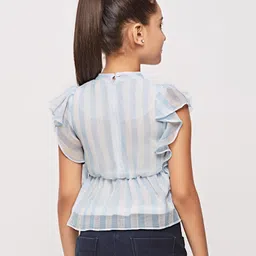 Tiny Girl Short Flutter Sleeves Bengal Striped Floral Appliqued Peplum  Top - Blue image 3