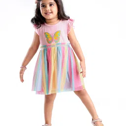 Babyhug 100% Cotton Jersey Knit Frill Sleeveless Frock with Sequinned Butterfly Design - Multicolour image 2