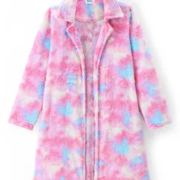 Hola Bonita Knit Knee Length A Line Shimmered Frock with Full Sleeves Printed Fur Jacket - Pink & Blue image 5