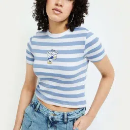 Ginger by Lifestyle Blue & White Cotton Striped Crop T-Shirt-image-35