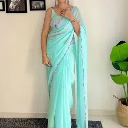 Saree Mall Turquoise Embellished Sarees With Unstitched Blouse-image-36