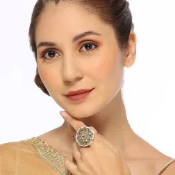 OOMPH Gold Kundan Jadau Ethnic Floral Design Adjustable Finger Ring Pack of 2 image 4