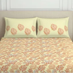 Spaces Tropica Light Yellow & Red 100% Cotton 132 TC Double Bedsheet with 2 Pillow Covers image 4