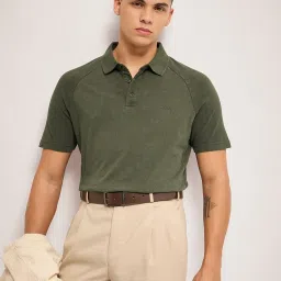 The Bear House Green Cotton Regular Fit Self Pattern Polo T-Shirt image 4